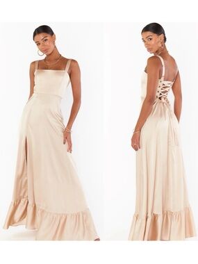 NWT Show Me Your MuMu Clarissa Corset Maxi Dress in Champagne Luxe Satin Large